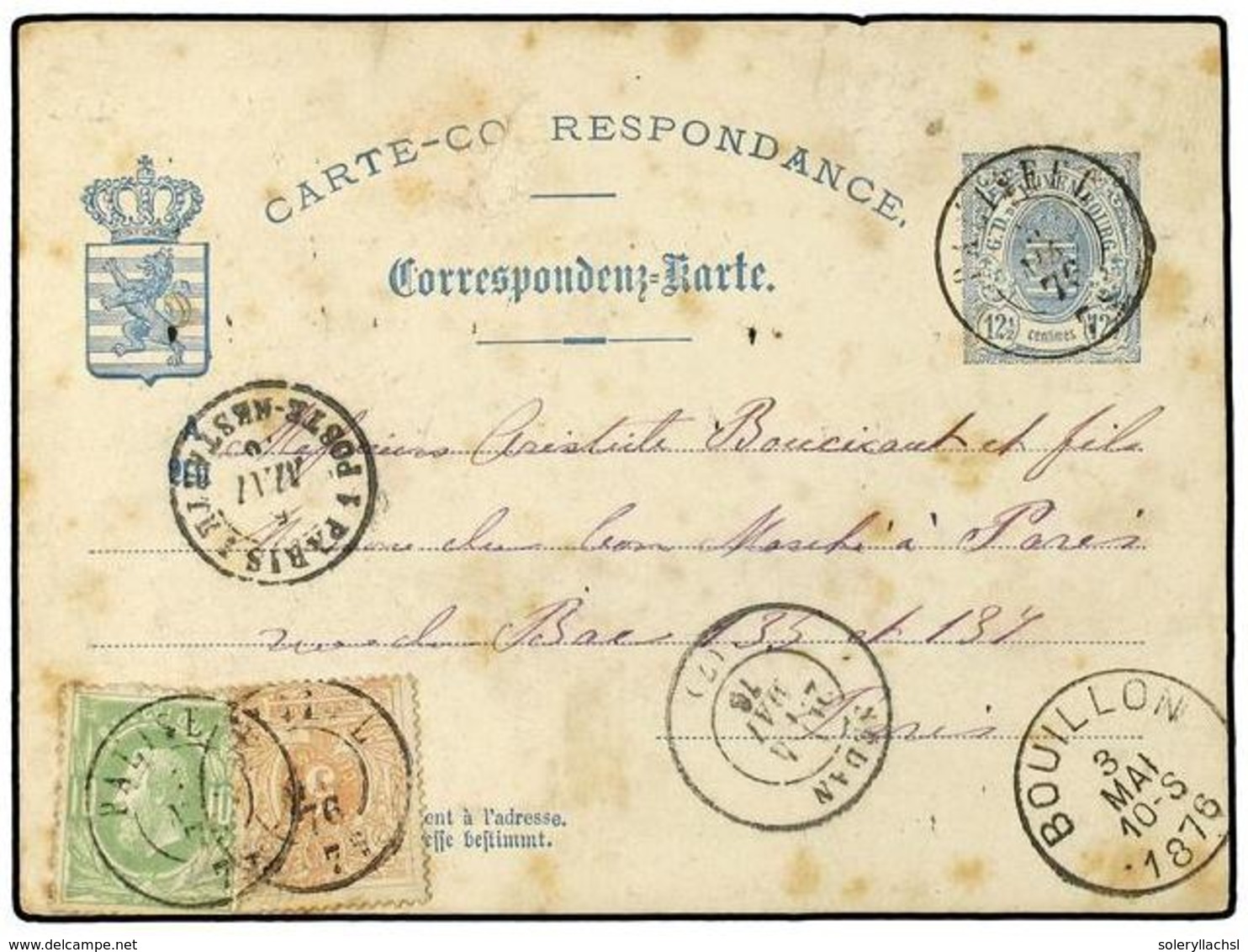 LUXEMBURGO. 1876 (May). Luxembourg  12 1/2c.  Blue Postal Stationery Card Used To PARIS, Mailed With Belgium 1869-70  5c - Sonstige & Ohne Zuordnung