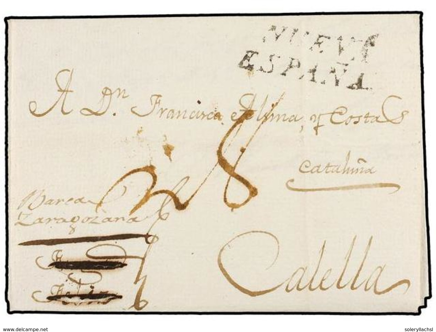 MEXICO. 1809. VERACRUZ A CALELLA. Marca  NUEVA/ESPAÑA  En Negro, Manuscrito  'Barca Zaragozana'. - Other & Unclassified