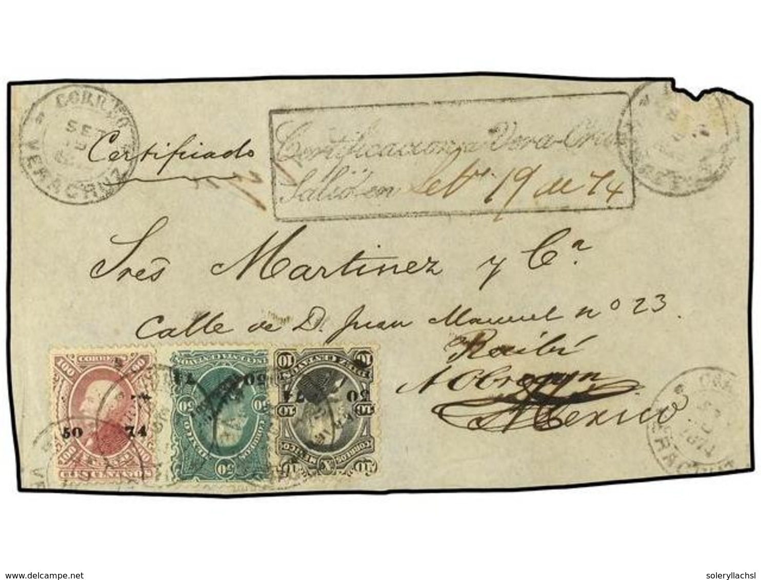 MEXICO. 1874. Frente De Carta CERTIFICADA Circulado Desde VERACRUZ A MEXICO.  10 Ctvos.  Negro,  50 Ctvos.  Verde Y  100 - Altri & Non Classificati