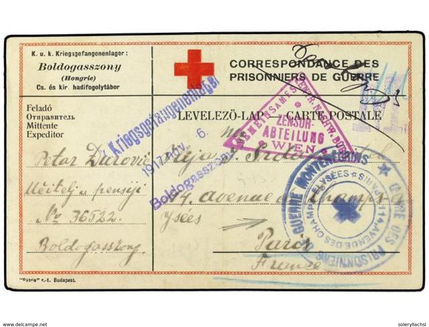 MONTENEGRO. 1917. Prisoner Of War Red Cross Card Written From MONTENEGRIER Prisoner In P.O.W. Camp Boldogasszony, Hungar - Autres & Non Classés