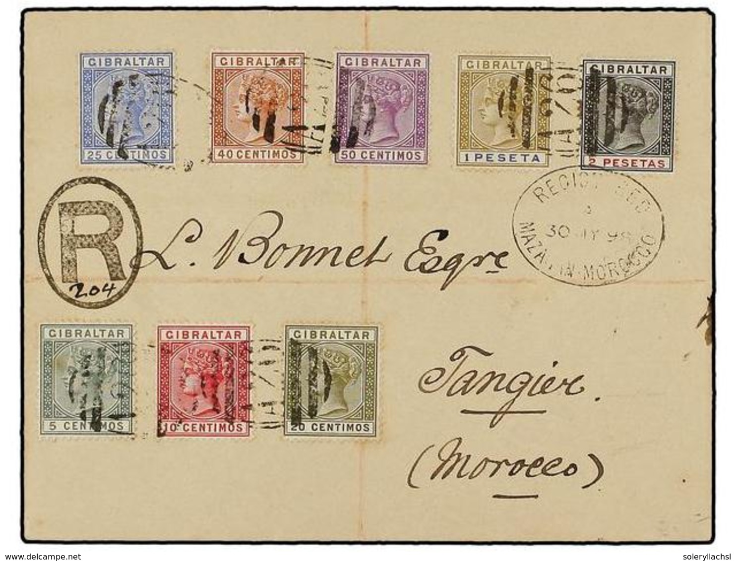 MARRUECOS. Sg.22-24, 26-28, 31, 32. 1898 (May 30). Registered Cover To TANGIER Franked By Spanish Currency Part Set Of E - Sonstige & Ohne Zuordnung