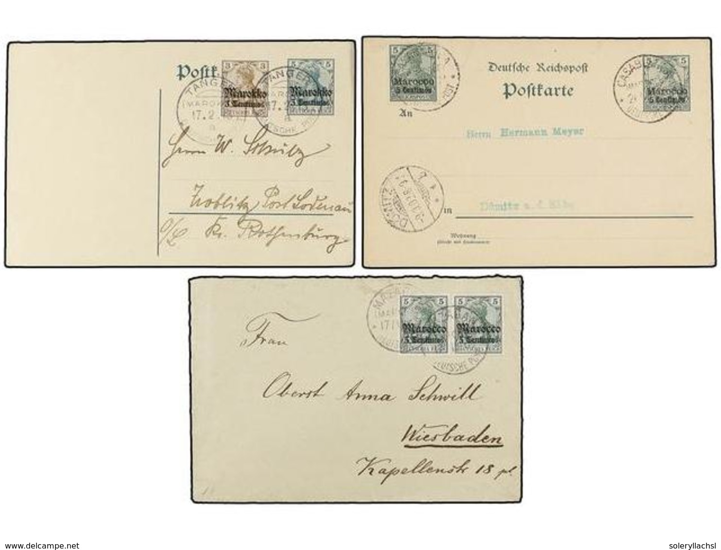 MARRUECOS. 1902-13. Carta Y Tres Tarjetas Con Sellos Del Correo Alemán De  3 Cts.  Y  5 Cts.  Mat.  MAZAGAN, MOGADOR, TA - Andere & Zonder Classificatie