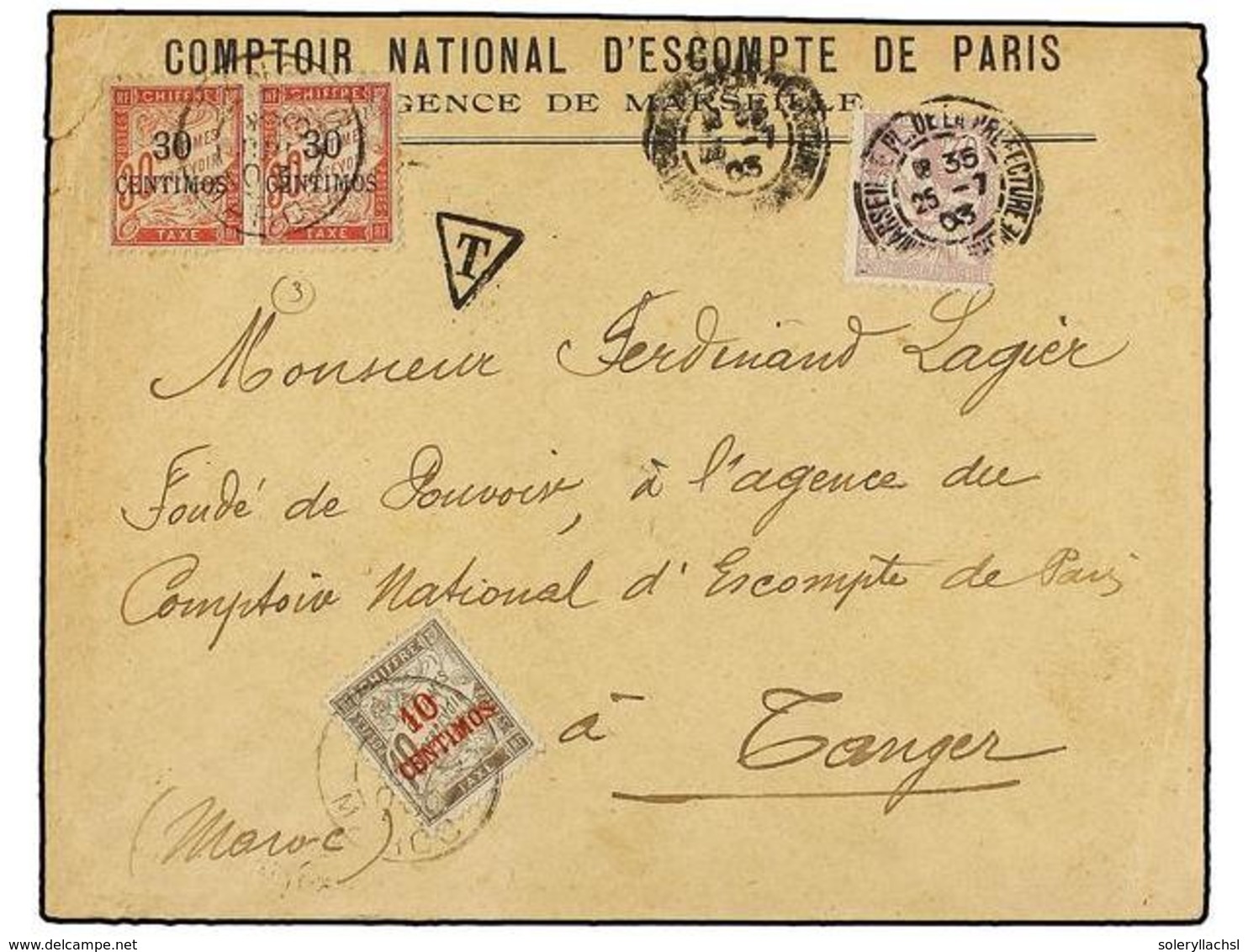 MARRUECOS. 1903. PARÍS A TÁNGER.  30 Cts.  Lila, Tasada A La Llegada Con Sellos De  10 Cents. S. 10 Cts.  Castaño Y  30  - Autres & Non Classés