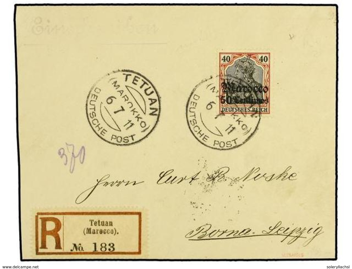 MARRUECOS ALEMAN. 1911 (July 6).  TETUAN.  Registered Cover To LEIPZIG Franked By Single Usage Of Gothic December 1908   - Sonstige & Ohne Zuordnung