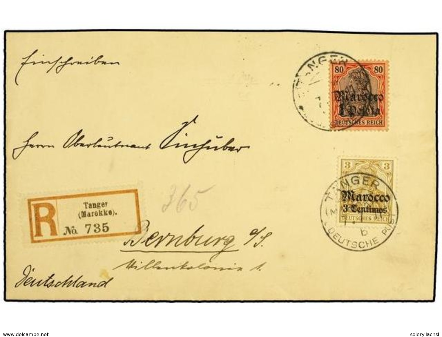 MARRUECOS ALEMAN. 1911 (July 7).  TANGIER.  Registered Cover To BERNBURG Franked By Gothic 1906  3cs. On 3pf.  Ochre And - Autres & Non Classés