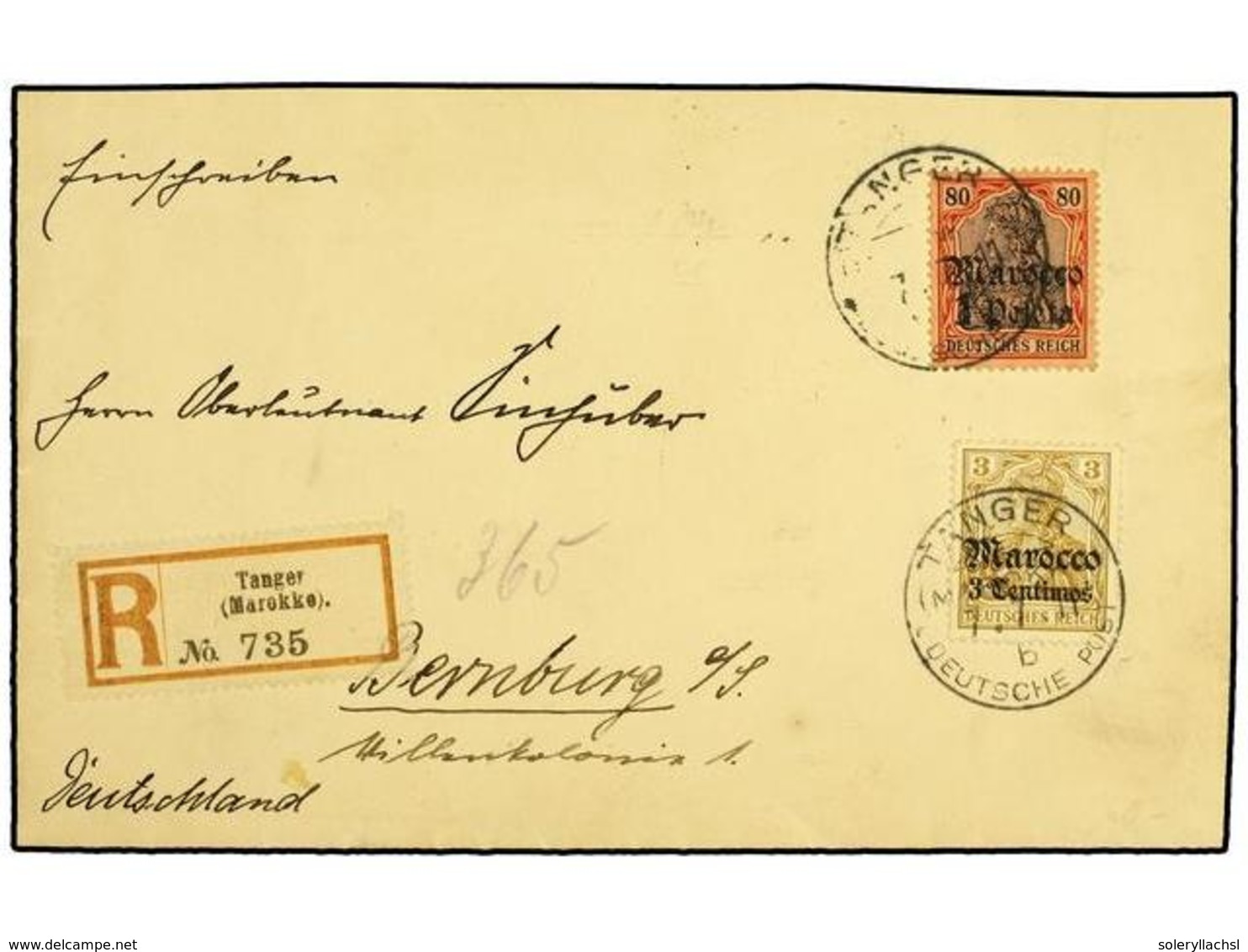 MARRUECOS ALEMAN. 1911 (July 7).  TANGIER.  Registered Cover To BERNBURG Franked By Gothic 1906  3cs. On 3pf.  Ochre And - Sonstige & Ohne Zuordnung