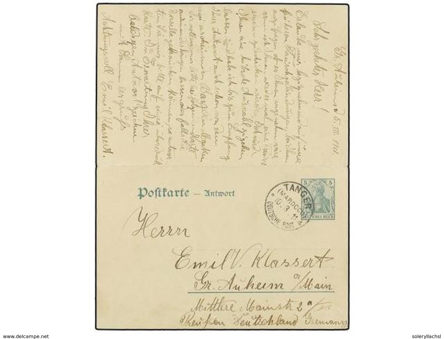 MARRUECOS ALEMAN. 1911 (March 5).  TANGIER.  Germania  5pf.+5pf.  Green Reply Postal Stationery Cards Used To And From G - Altri & Non Classificati
