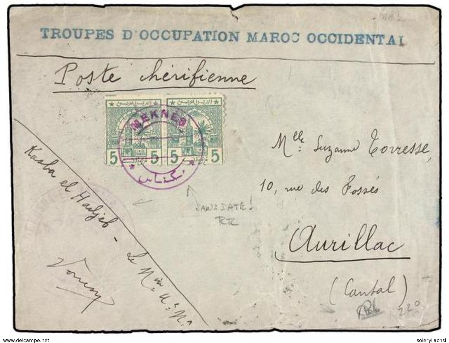 MARRUECOS. 1913. MEKNES A FRANCIA. Circulado Con Sellos Del Correo Local De  5 Cts.  Verde (2), Marca  TROUPES D'OCCUPAT - Andere & Zonder Classificatie