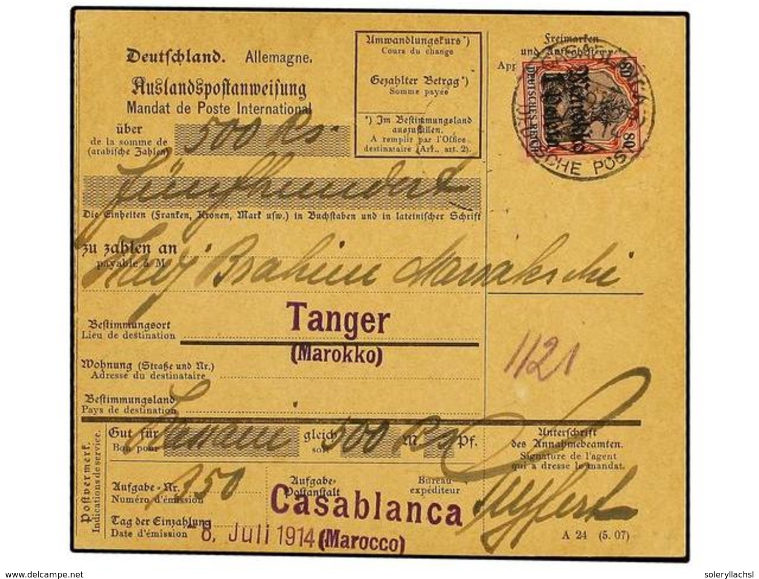 MARRUECOS ALEMAN. 1914 (July 8).  CASABLANCA.  Money Order Form Used To TANGIER Franked By Gothic April 1911  1p. On 80p - Altri & Non Classificati