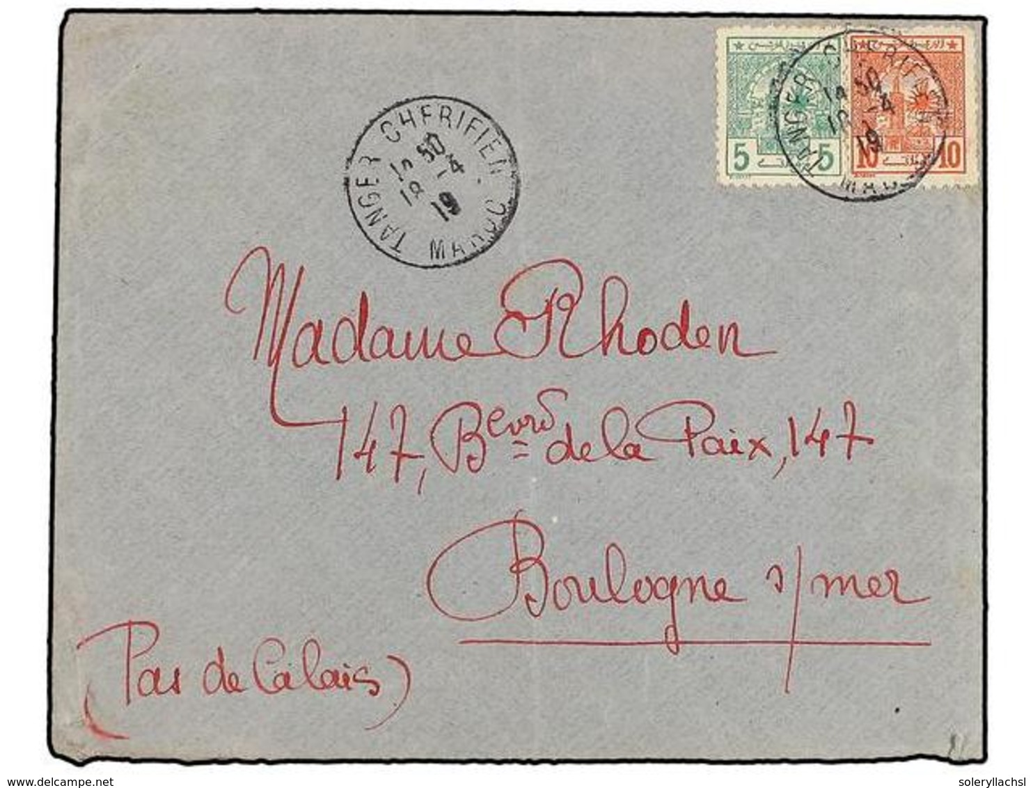 MARRUECOS. 1919. TANGER A FRANCIA. Circulado Con Sellos Del Correo Local  5 Cts.  Verde Y  10 Cts.  Rojo, Al Dorso Llega - Andere & Zonder Classificatie