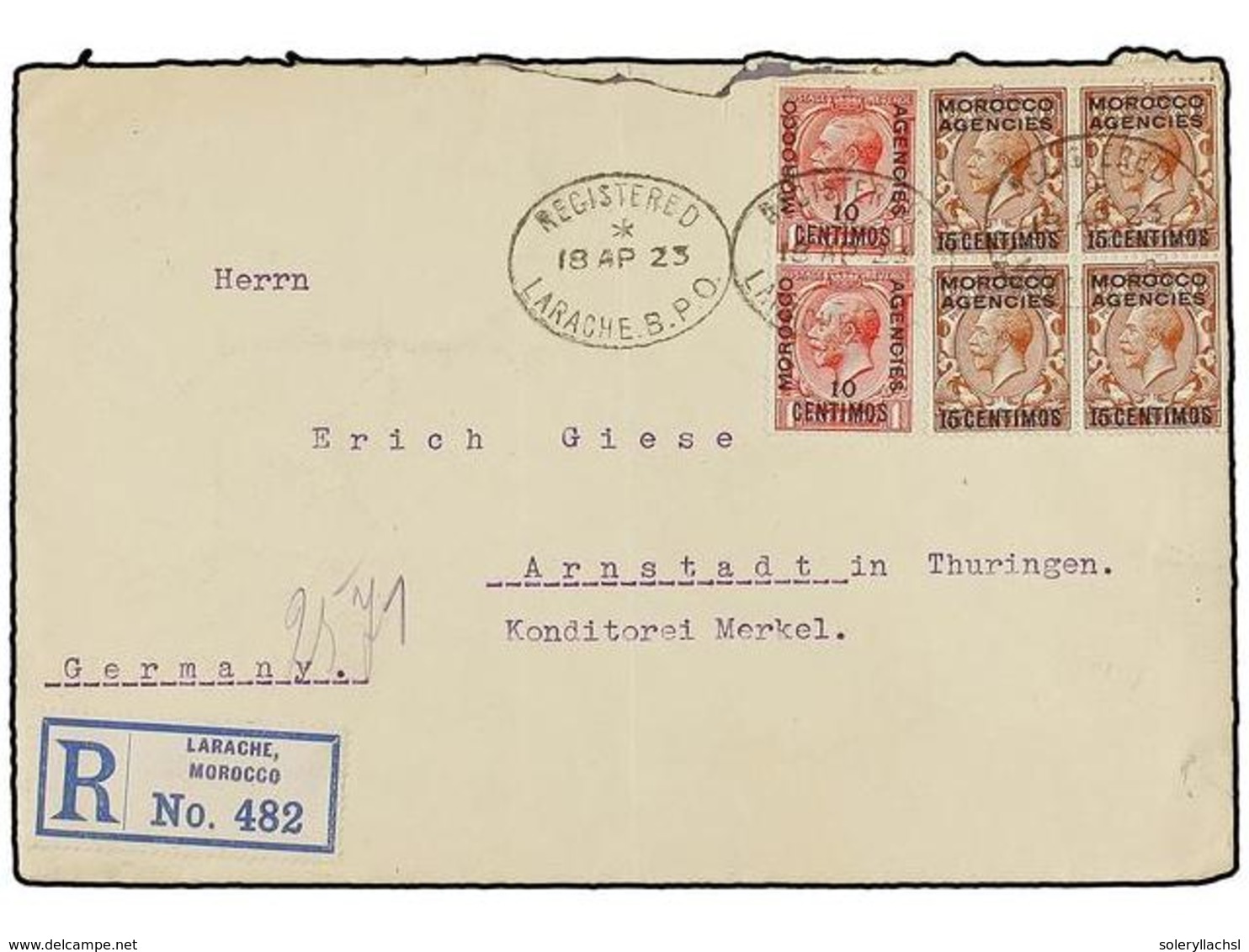 MARRUECOS. 1923. LARACHE To GERMANY. Registered Envelope  10 Cts.  (2) And  15 Cts.  (4) Arrival On Reverse. Rare Larach - Altri & Non Classificati