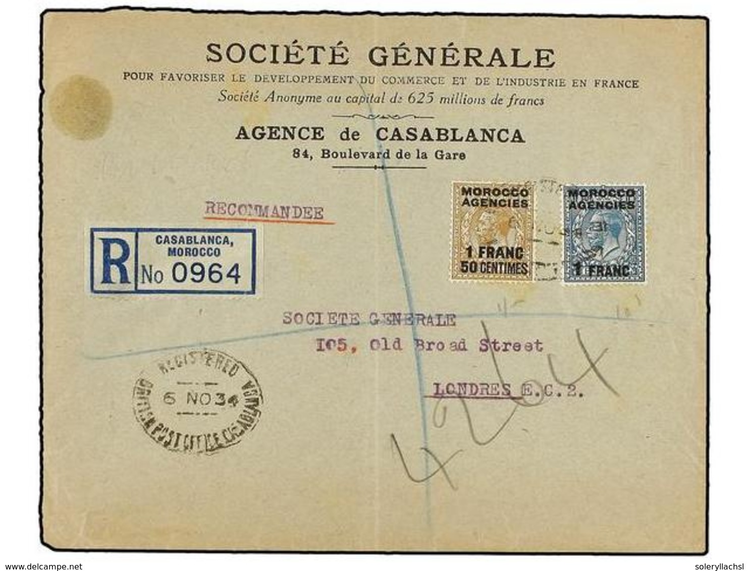 MARRUECOS INGLES. 1934. CASABLANCA To LONDON. Registered Envelope With  1 Fr.  And  1,50 Fr. - Altri & Non Classificati