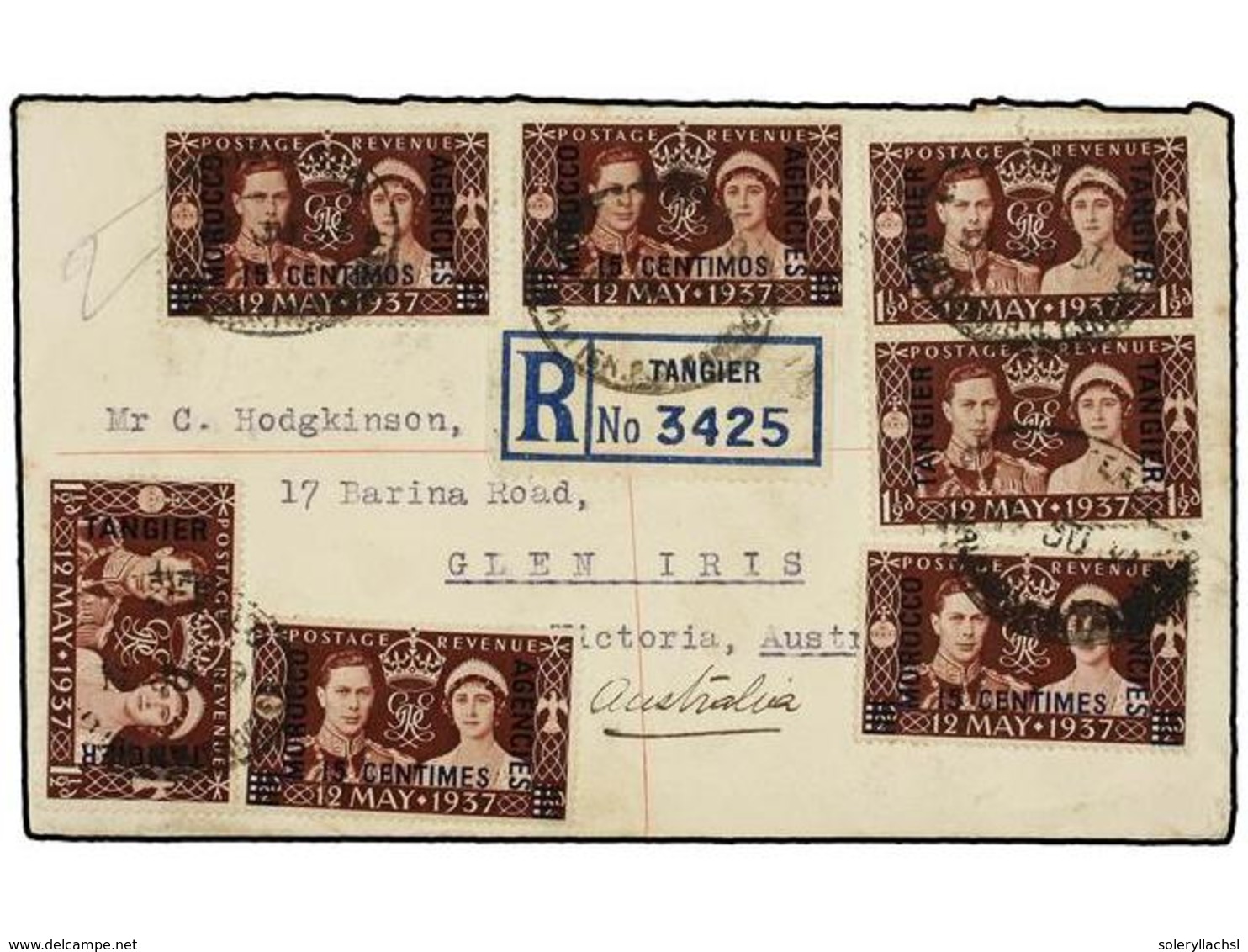 MARRUECOS INGLES. 1937. TANGIER To AUSTRALIA.  15 Cts.  (4) And  1 1/2 D.  (3). Registered Cover, Arrival On Reverse. - Sonstige & Ohne Zuordnung