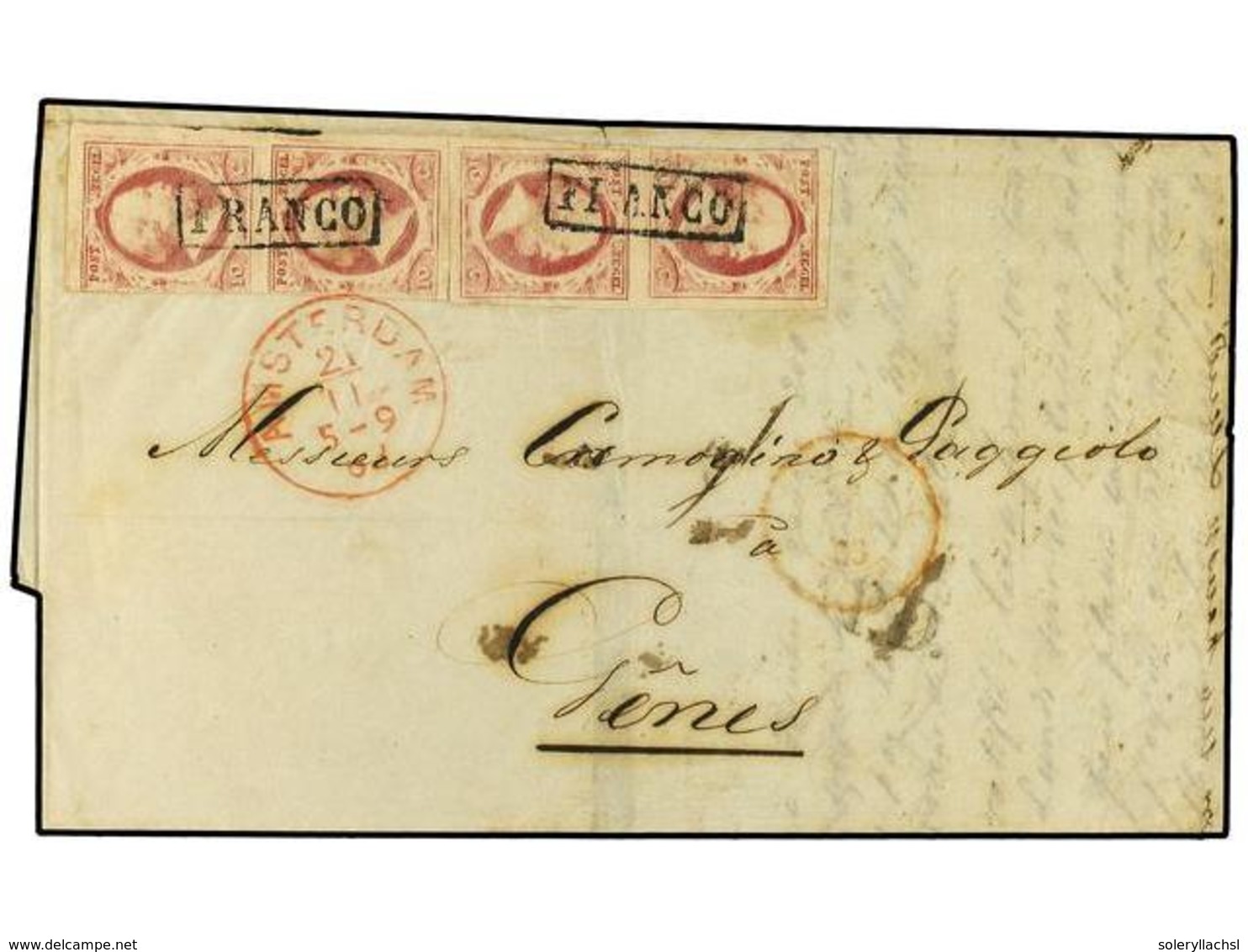 HOLANDA. Ed.2(4). 1863. AMSTERDAM A GENOVA (Italia).  10 Cts.  Rojo (4). Rara Destinación En Este Periodo. - Altri & Non Classificati