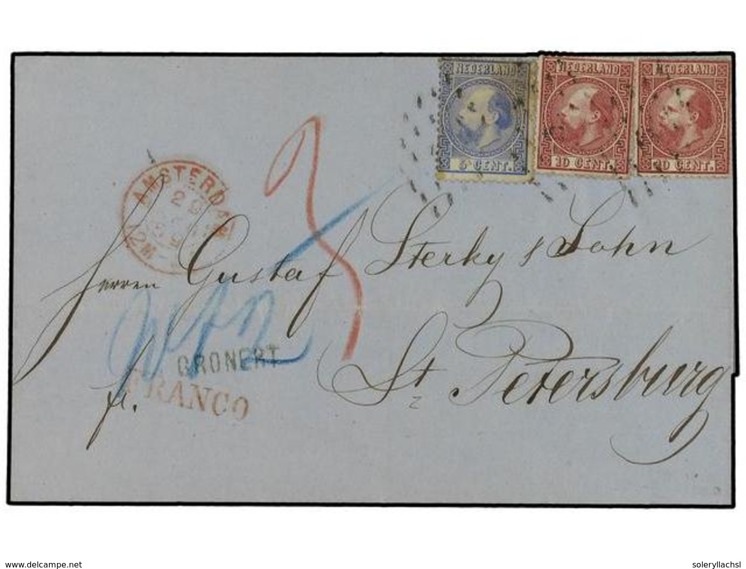 HOLANDA. 1869 (April 29). Cover From Amsterdam To St. Petersburg/Russia Bearing 1867  5c . Blue And Two  10c . Carmine,  - Sonstige & Ohne Zuordnung
