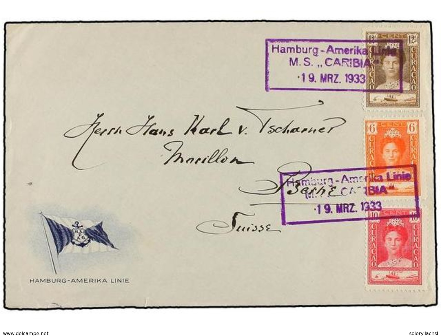 CURACAO. 1933. CURAÇAO A SUIZA.  6 Cts. ,  10 Cts.  Y  12 1/2 Cts. , Mat.  HAMBURG-AMERIKA LINIE/M.S. 'CARIBIA'. - Autres & Non Classés