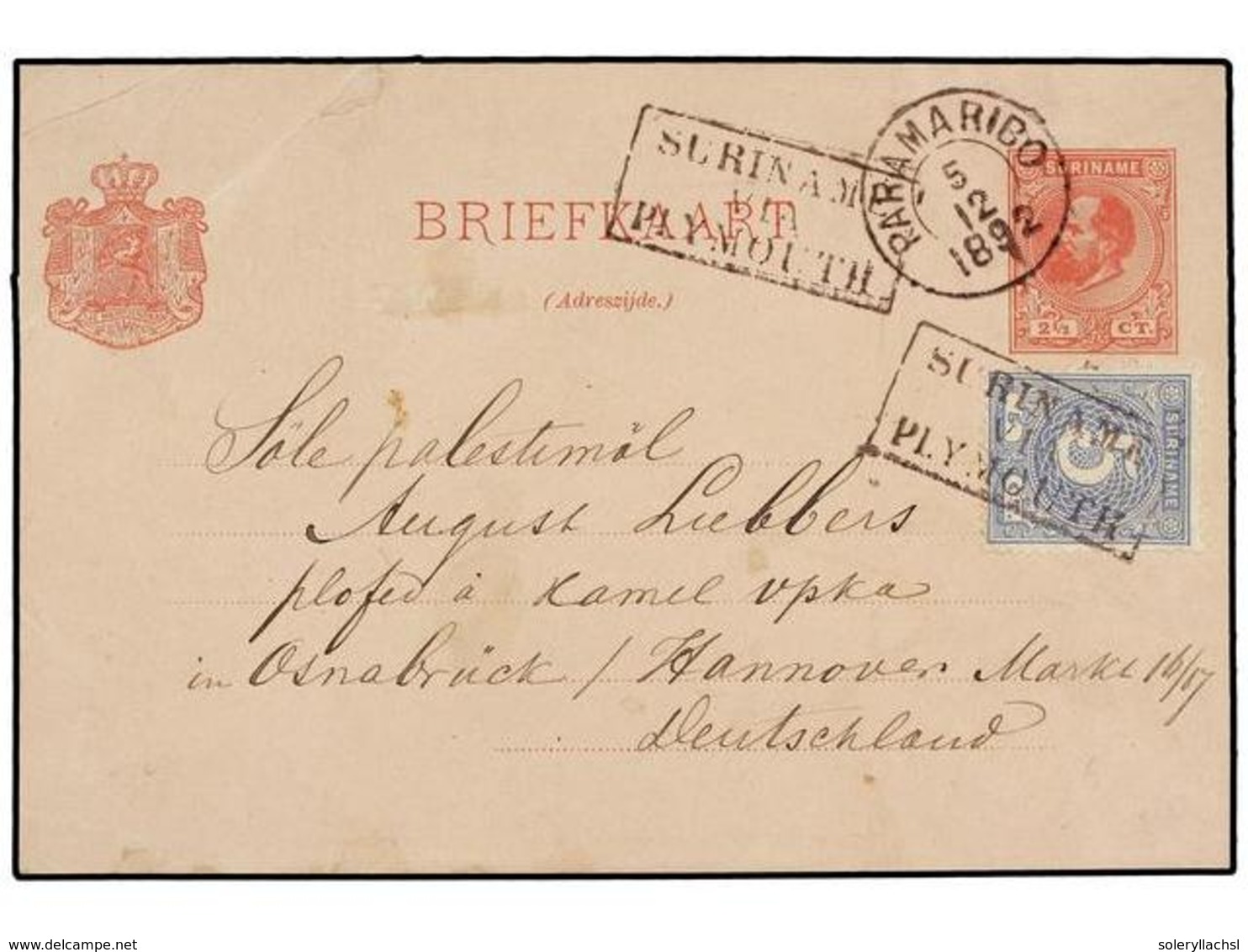 SURINAM. 1892. PARAMARIBO A ALEMANIA. Entero Postal De  2 1/2 Cts.  Rojo Con Franqueo Adicional De  5 Cts.  Azul, Marca  - Andere & Zonder Classificatie