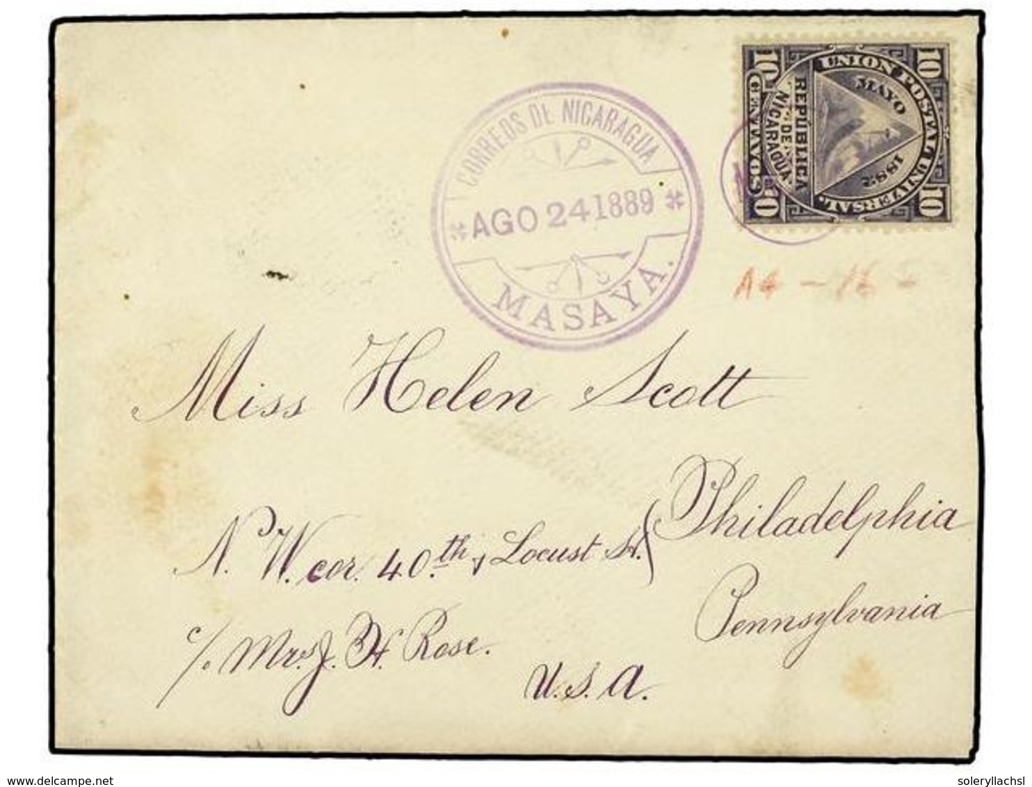 NICARAGUA. Sc.16. 1889. MASAYA A USA.  10 Cts.  Gris. Mat. Circular Con  MASAYA  En El Interior. Sello Muy Raro En Carta - Altri & Non Classificati