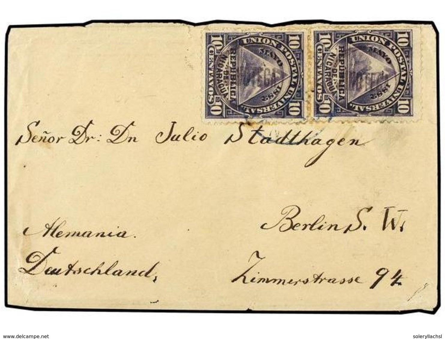 NICARAGUA. Sc.16(2). 1889. JINOTECA A ALEMANIA.  10 Ctvos.  Gris (2). Mat. Circular Con  JINOTECA  En El Interior. Leves - Altri & Non Classificati