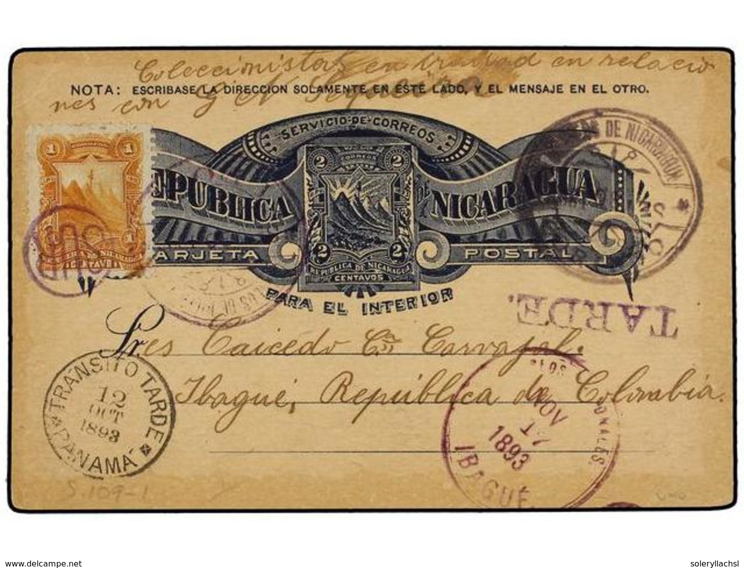 NICARAGUA. Sc.51. 1893. CORINTO A IBAGUE (Colombia). Entero Postal De  2 Ctvos.  Azul Con Franqueo Adicional De  1 Ctvo. - Altri & Non Classificati