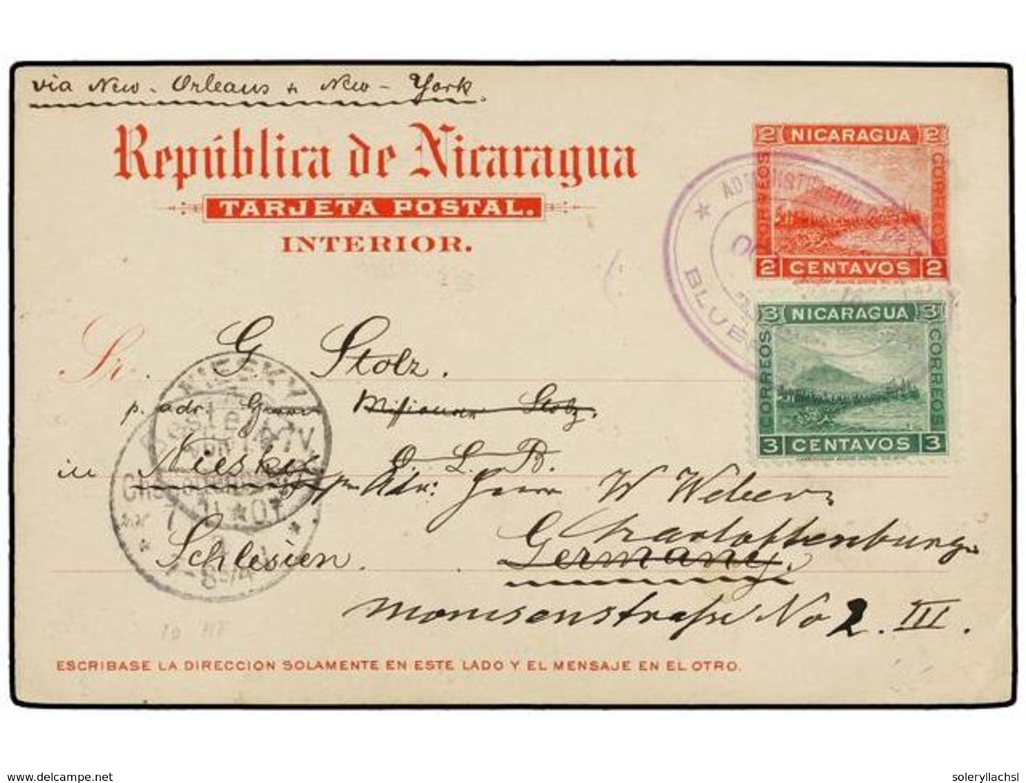 NICARAGUA. Sc.123. 1901. RAMA A ALEMANIA. Entero Postal De  2 Ctvos.  Rosa Con Franqueo Adicional De  3 Ctvos.  Verde, M - Altri & Non Classificati