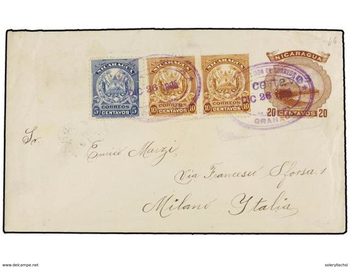 NICARAGUA. Sc.183, 185 (2). 1905. GRANADA A ITALIA. Entero Postal De  2 Ctvos. S. 20 Ctvos.  Castaño Con Franqueo Adicio - Autres & Non Classés