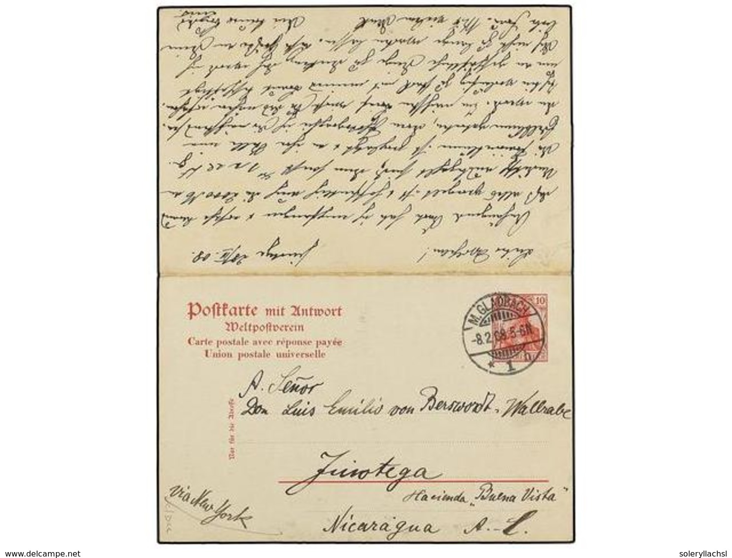 NICARAGUA. 1908. Intact  10pf. + 10pf.  Postal Stationery Card To JINOTEGA, Nicaragua, Cancelled  M. GLADBACH.  Routed V - Sonstige & Ohne Zuordnung