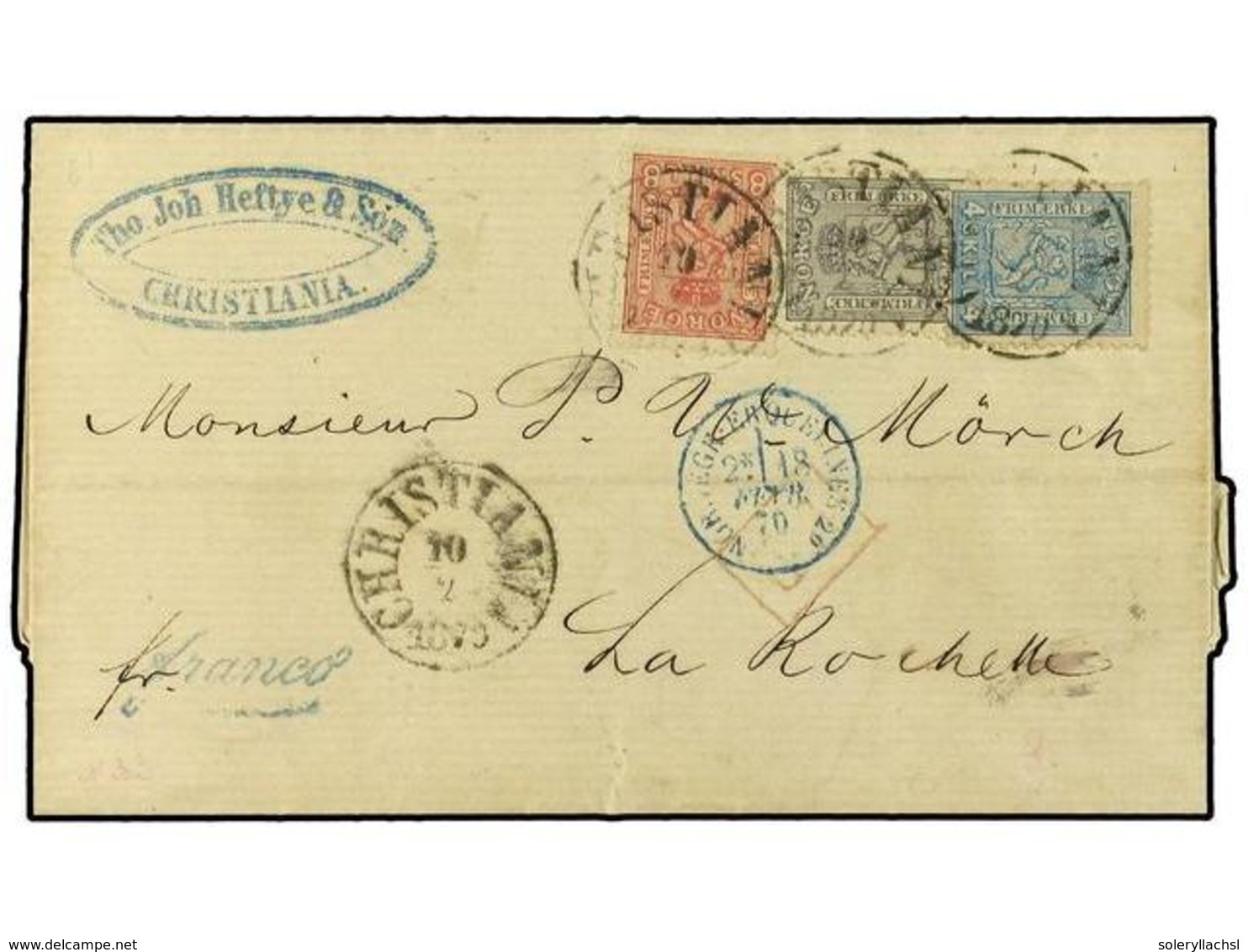 NORUEGA. 1870. Envelope To France Bearing  3 Skill  Grey (Facit 13),  4 Skill  Blue (Facit 14) And  8 Skill  Red (Facit  - Altri & Non Classificati
