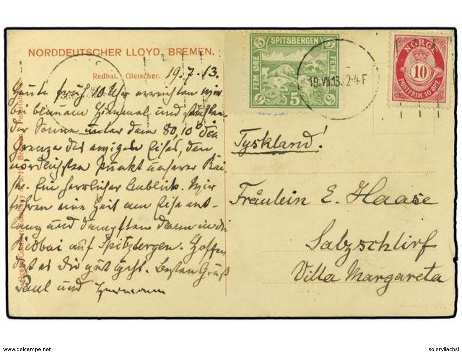 NORUEGA. 1913. Picture Postcard To Germany Franked  5 Ore  Local (man Shooting Polar Bear) Cancelled Cds +  10 Ore  'pos - Altri & Non Classificati