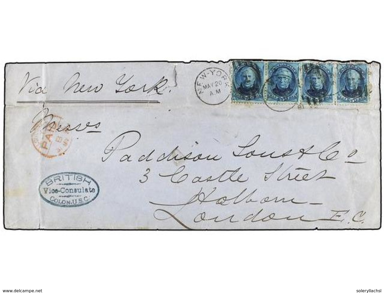 PANAMA. Sc.185. 1880. Cover From British Vice-Consul In COLON With Blue Cachet At Left And On Reverse, Franked By USA Ta - Other & Unclassified