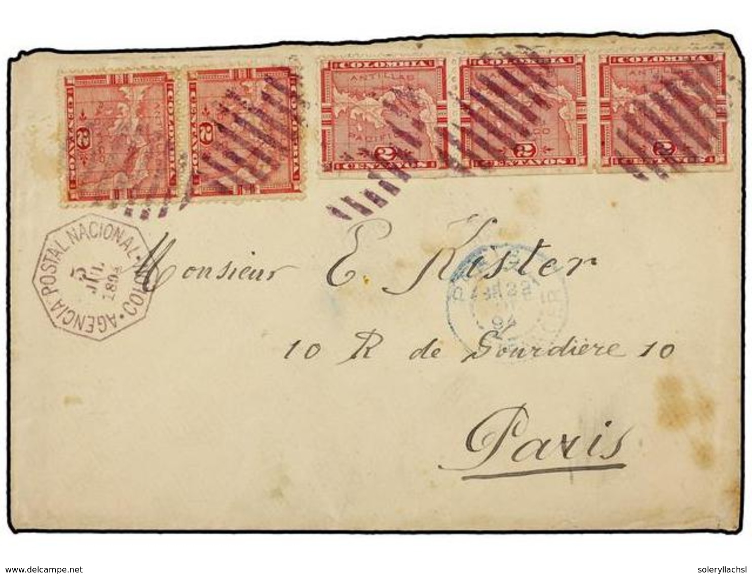 PANAMA. 1894. COLON A PARIS.  2 Cts.  Carmín, Pareja Y Tira De Tres. Precioso Franqueo. - Sonstige & Ohne Zuordnung