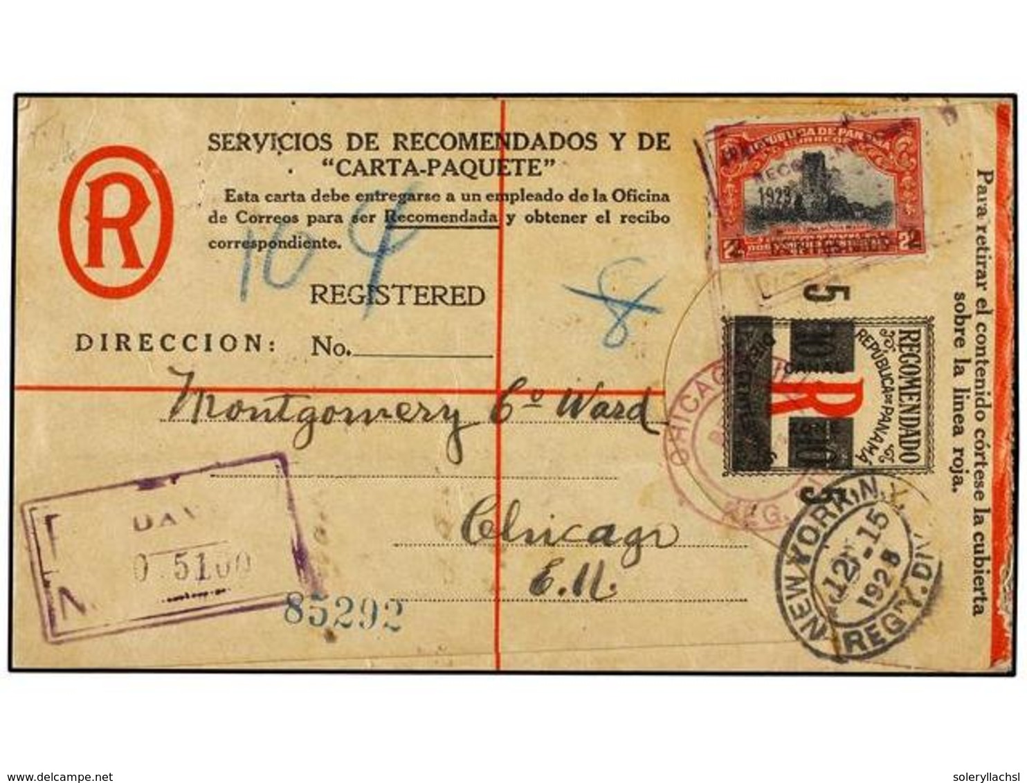 PANAMA. 1928. DAVID (Panamá) A CHICAGO. Sobre De Certificados De  10 Cents.  De  CANAL ZONE  Habilitado Para  5 Cents.   - Autres & Non Classés