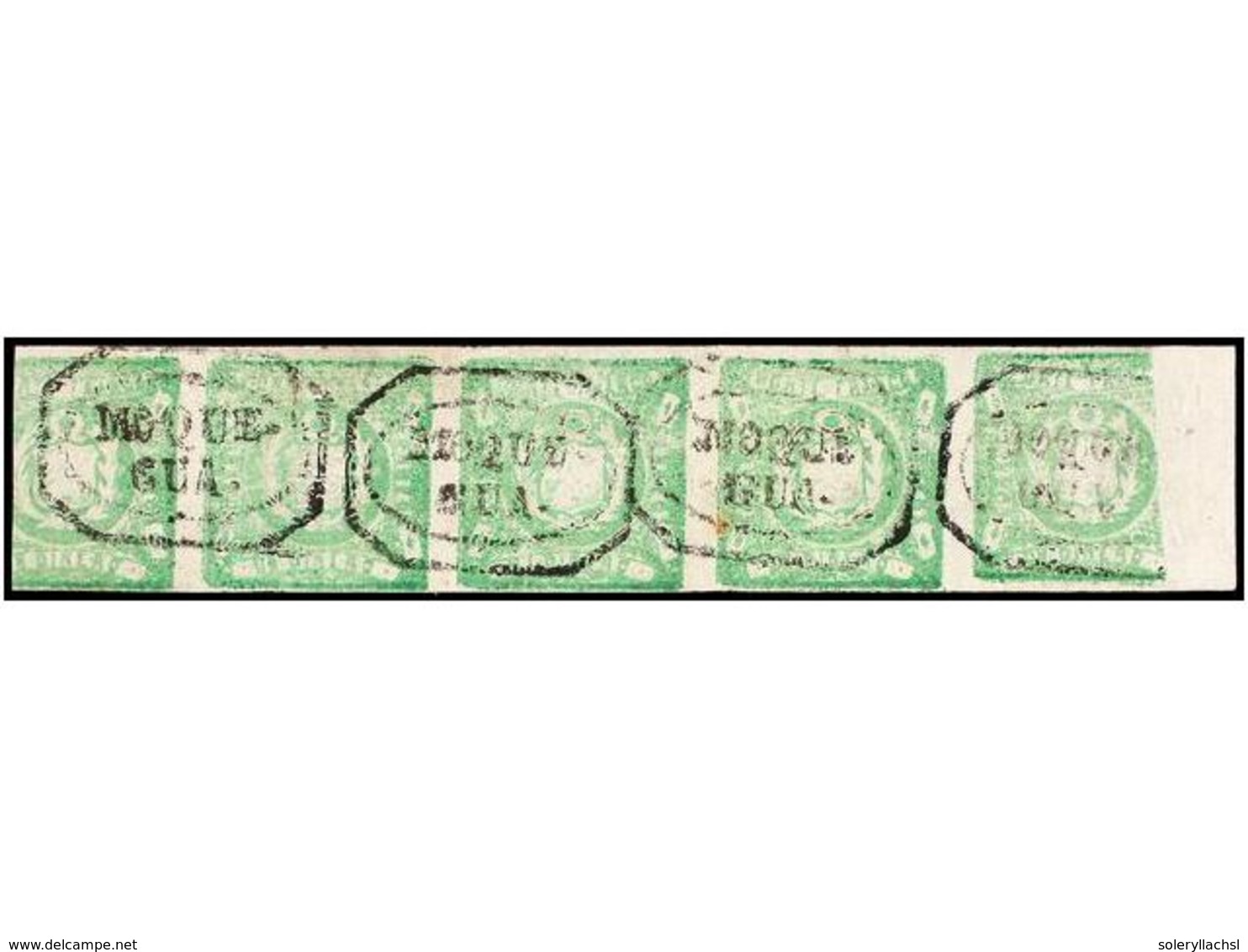 ° PERU. Sc.14 (4). 1868.  1 Dinero  Verde, Tira De Cuatro Más Parte De Otro Sello, Mat.  MOQUE-GUA.  MUY BONITA. - Sonstige & Ohne Zuordnung