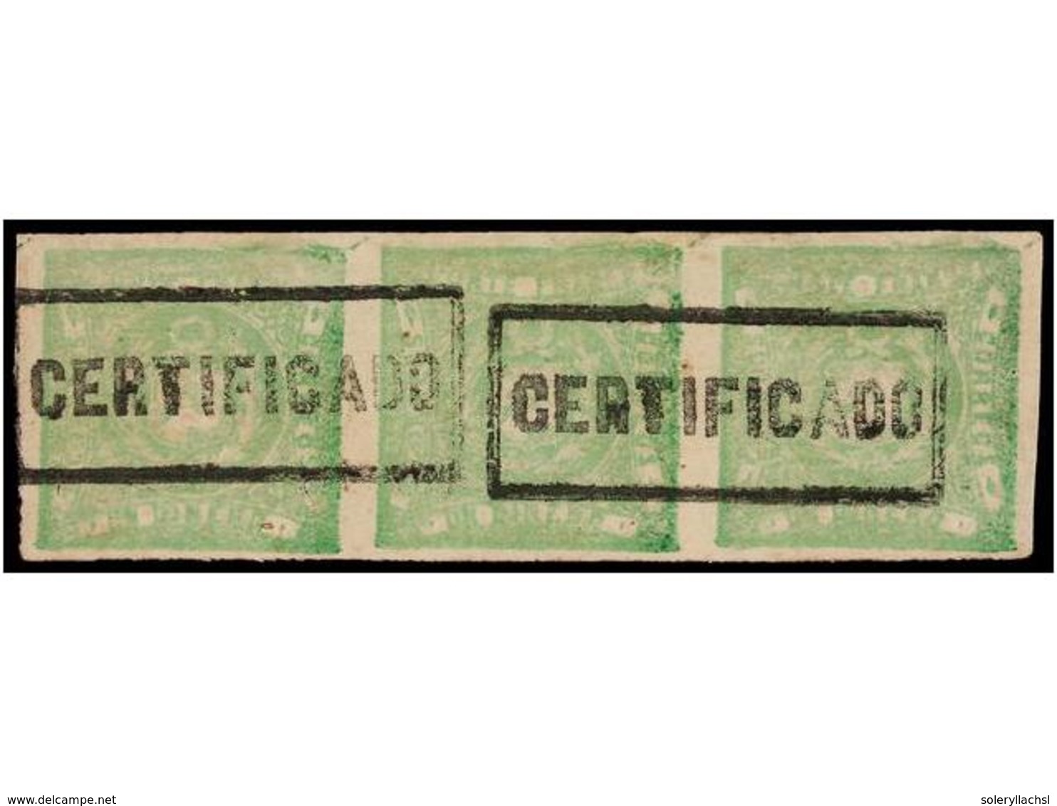 ° PERU. Sc.14 (3). 1868.  1 Dinero  Verde, Tira De Tres, Mat.  CERTIFICADO.  MAGNÍFICO. - Altri & Non Classificati