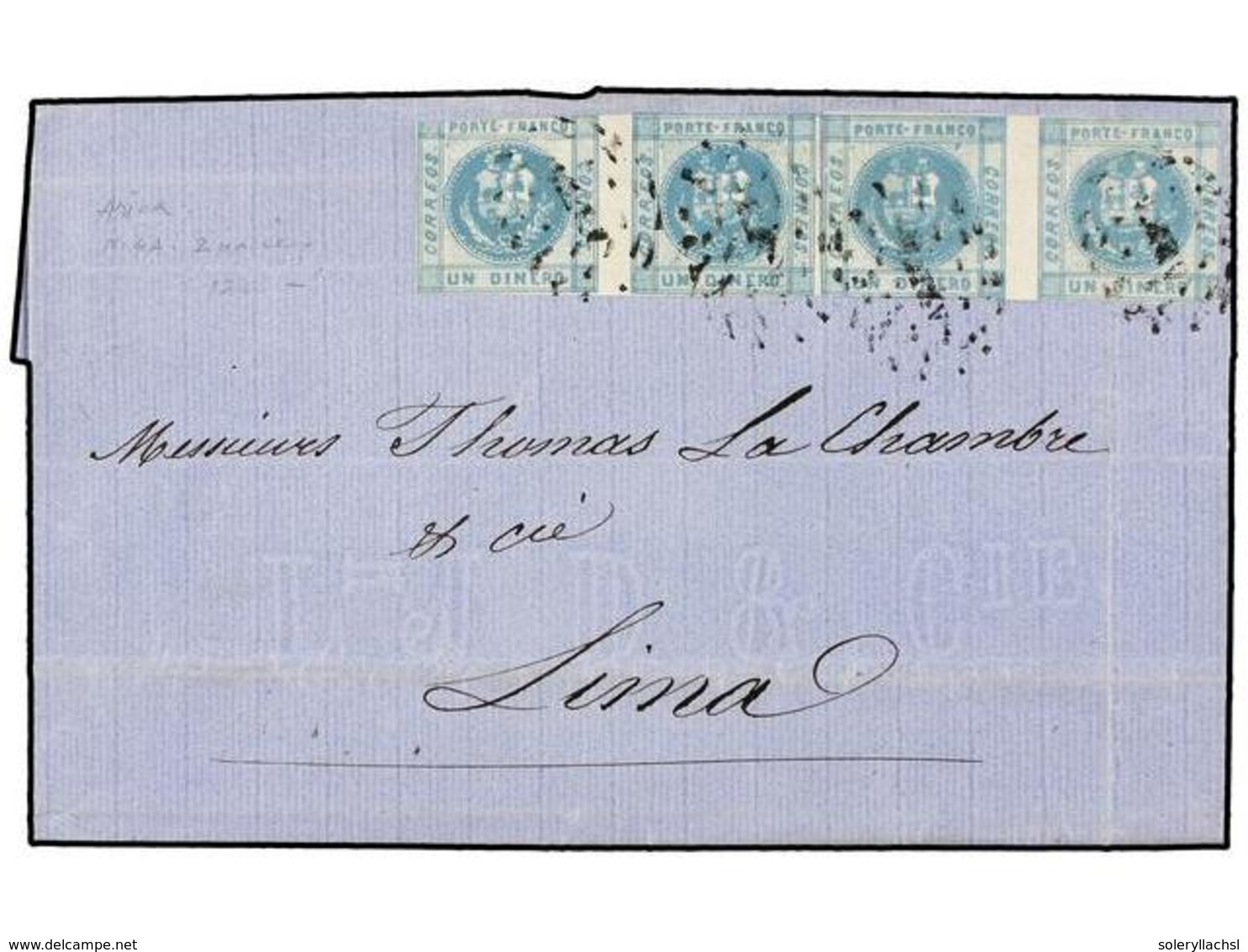 PERU. Yv.4a (4). 1860 (18 Febrero). ARICA A LIMA.  1 Dinero  Azul Cielo, Dos Parejas, Mat.   Círculo De Puntos  ARICA.   - Sonstige & Ohne Zuordnung