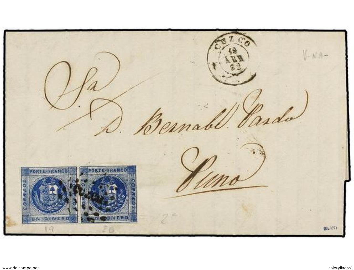 PERU. Sc.9 (2). 1862. CUZCO A PUNO.  1 Dinero  Azul, Pareja. Mat.   Círculo De Puntos  CUZCO. - Altri & Non Classificati