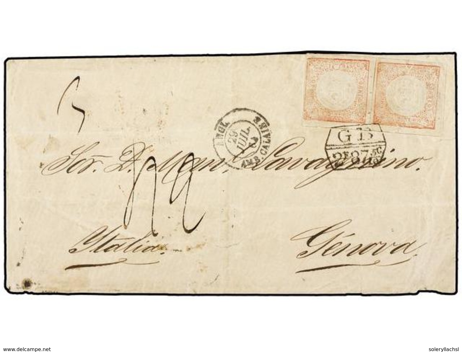 PERU. Yv.8 (2). 1864. CALLAO A GENOVA.  1 Dinero  Rojo (2) Circulada Por El Correo Británico Matasellada Con La Marca De - Autres & Non Classés