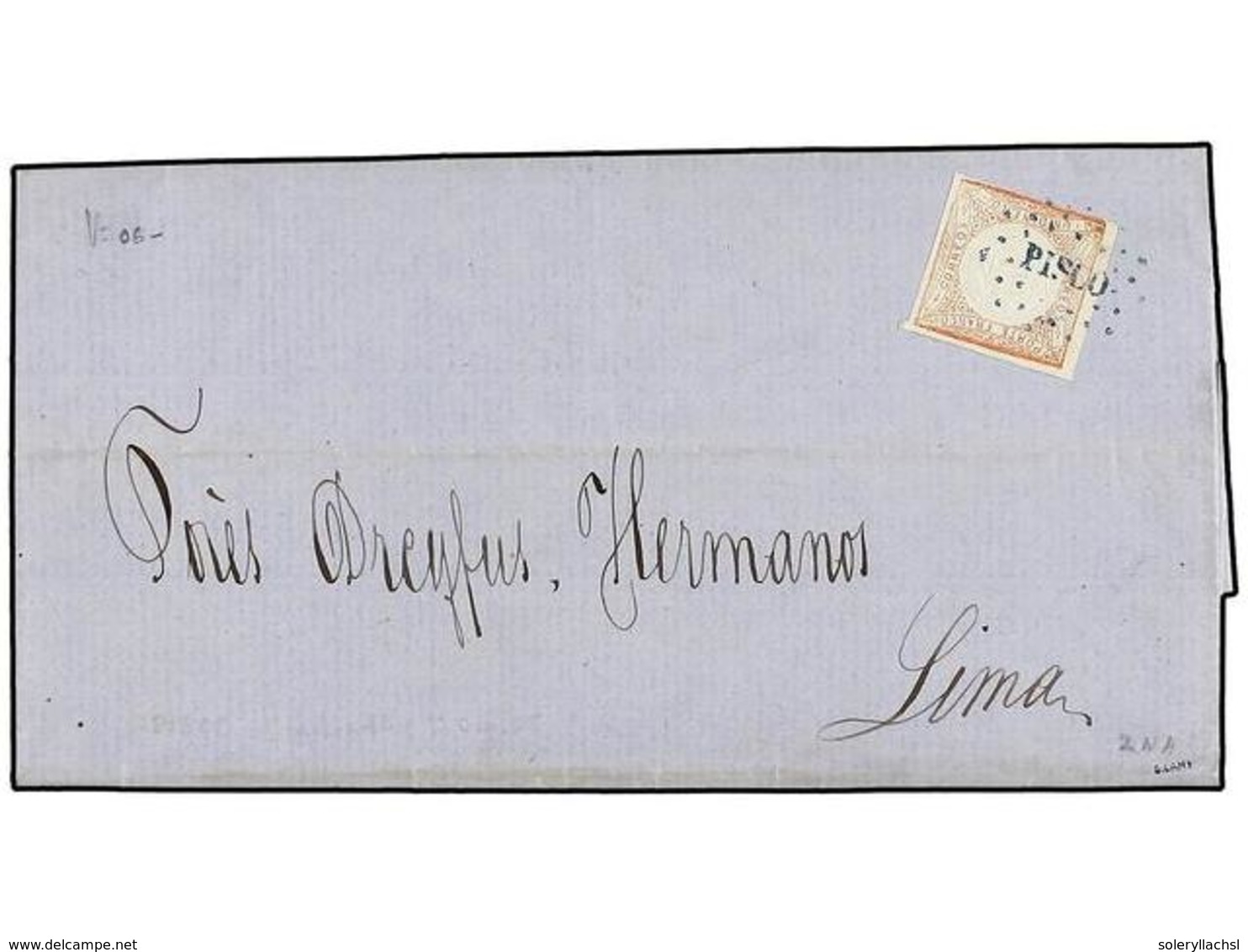 PERU. Sc.12. 1865. PISCO A LIMA.  1 Dinero  Rosa, Mat. Círculo De Puntos  PISCO  En Azul. MAGNÍFICA. - Andere & Zonder Classificatie