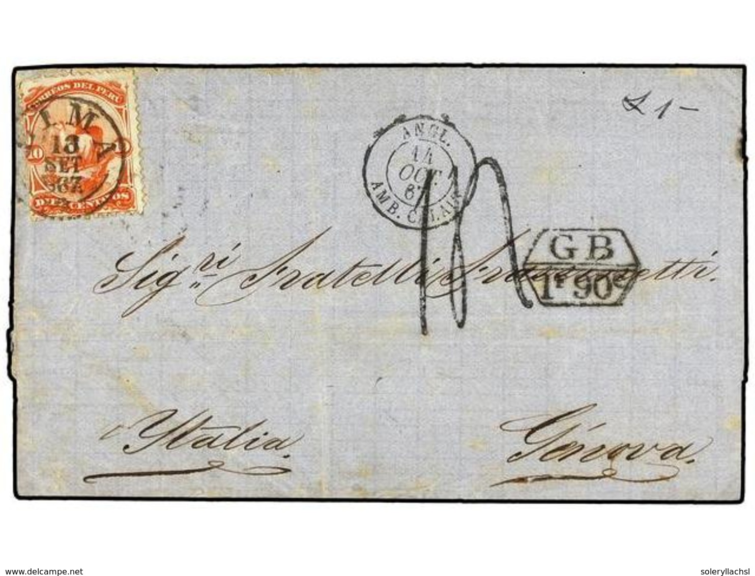 PERU. 1867. LIMA A GÉNOVA.  10 Ctvos.  Naranja. Circulada Vía Inglaterra Y Francia. Marca De Intercambio  GB/1F 90c. - Altri & Non Classificati