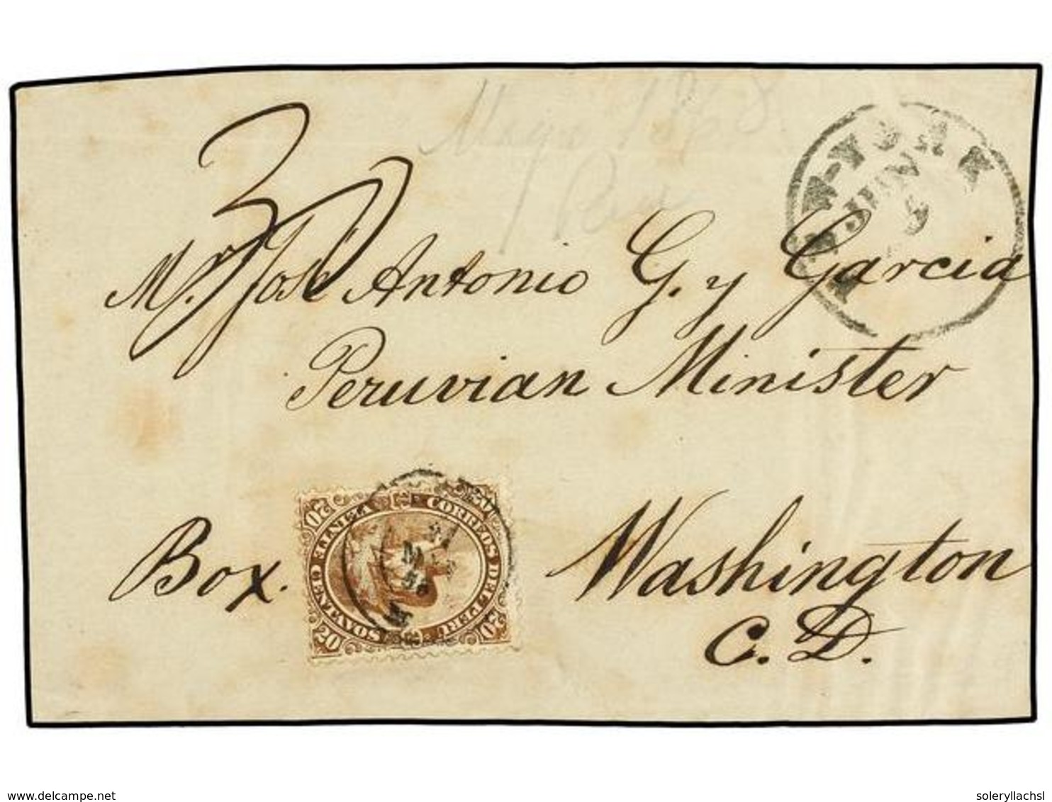 PERU. Sc.18. 1868. FRONTAL Circulado A U.S.A. Con Sello De  20 Cts.  Castaño. - Sonstige & Ohne Zuordnung