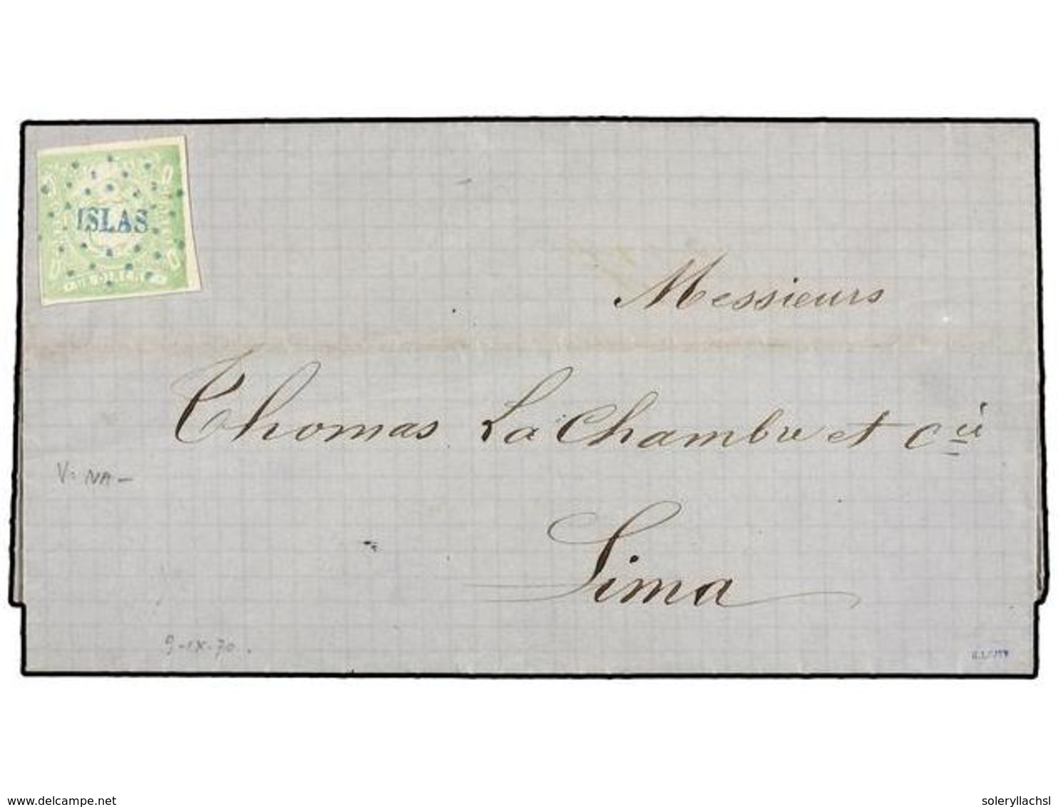 PERU. Sc.14. 1870. ISLAS CHINCHAS A LIMA.  1 Dinero  Verde, Mat. Circular  ISLAS  En Azul. MAGNÍFICA. - Altri & Non Classificati