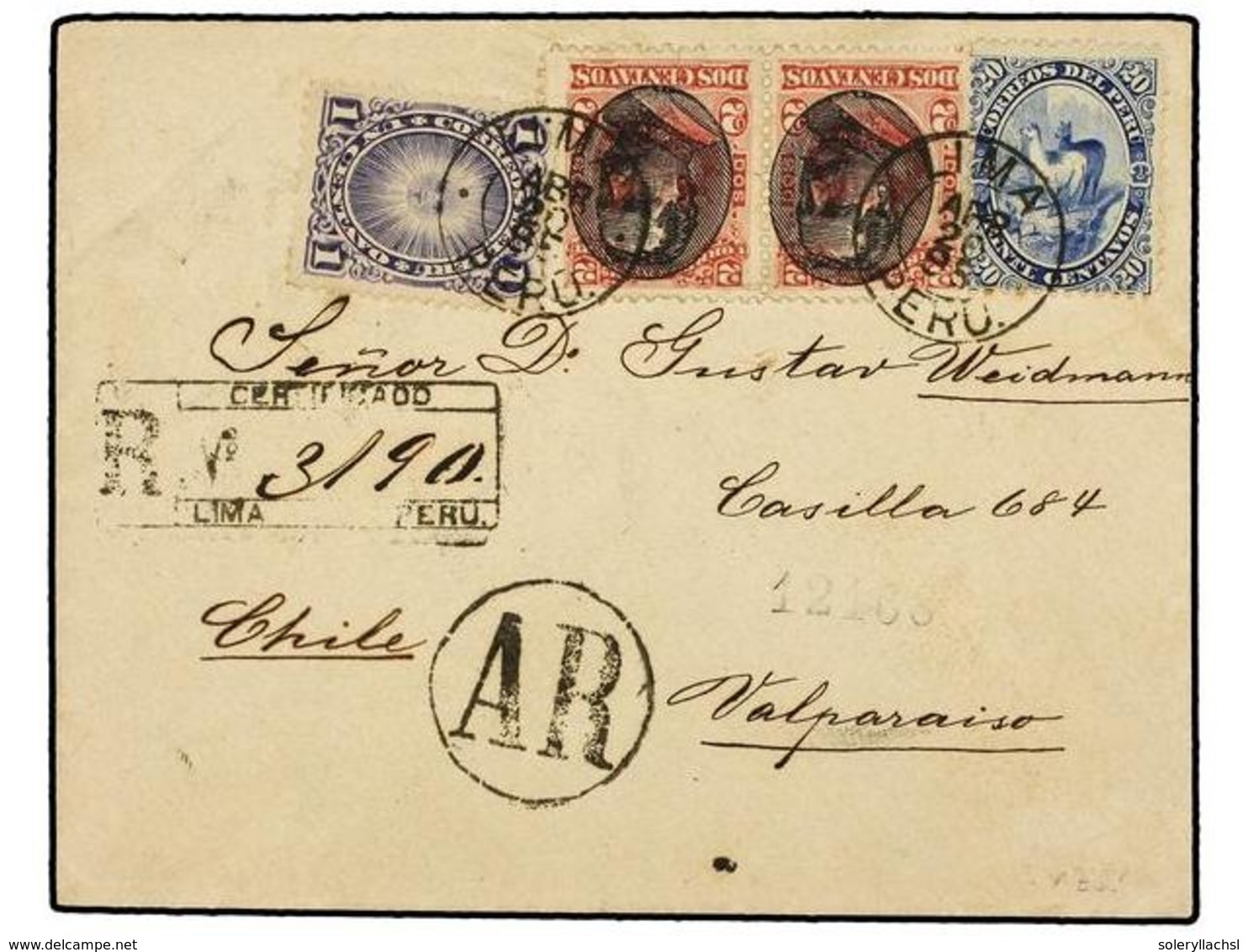 PERU. Yv.76, 85(2), 105. 1885. LIMA A VALPARAISO.  1 Ctvo. ,  2 Ctvos.  (2) Y  20 Ctvos.  Carta Certificada, Precioso Fr - Sonstige & Ohne Zuordnung