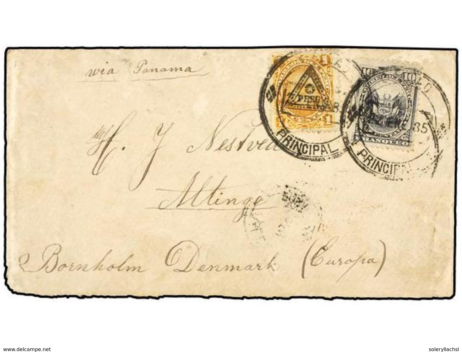 PERU. Yv.59, 79. 1885. CALLAO A DINAMARCA.  1 Ctvo.  Naranja, Habilitado Con El Triángulo Y  10 Ctvos.  Gris, Al Dorso L - Sonstige & Ohne Zuordnung