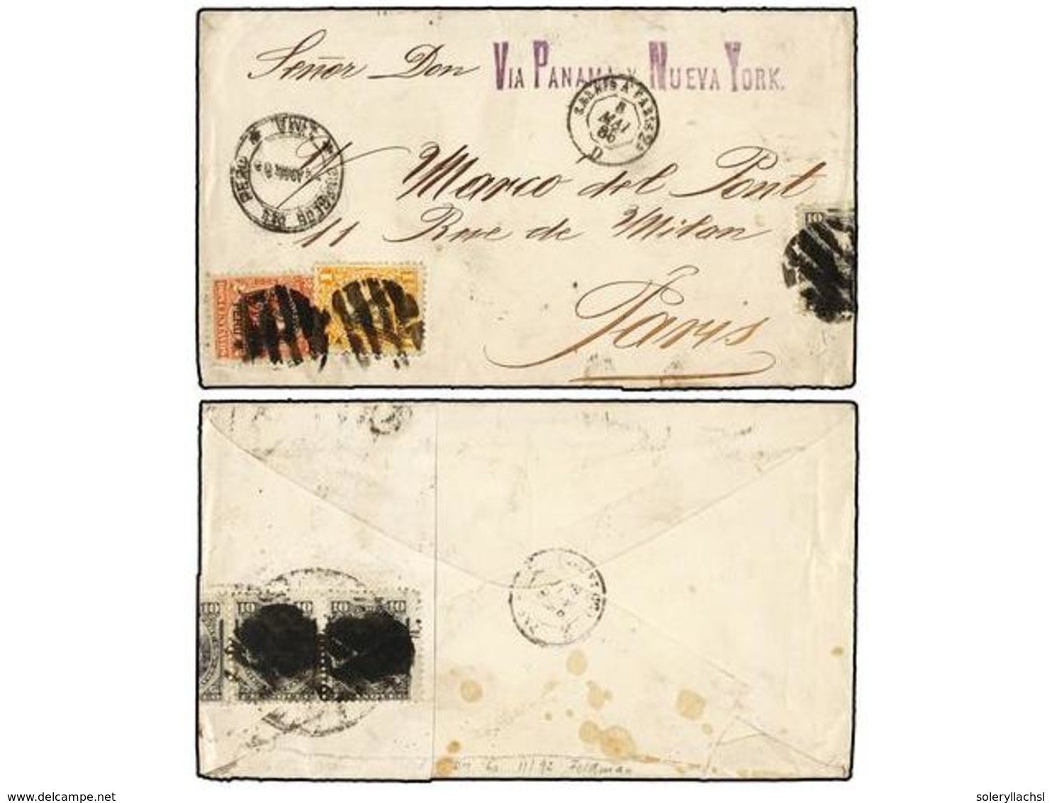 PERU. Yv.59, 68, 79(4). 1886. LIMA A PARIS.  1 Ctvo.  Naranja Y  2 Ctvos.  Rojo, Habilitados Con El Triángulo Y  10 Ctvo - Other & Unclassified