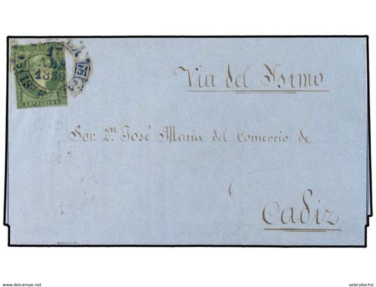 COLONIAS ESPAÑOLAS: FILIPINAS. 1859. MANILA A CADIZ.  1 Real  Verde, Mat. Fechador En Azul  MANILA/IS. FILIPINAS . MAGNI - Autres & Non Classés