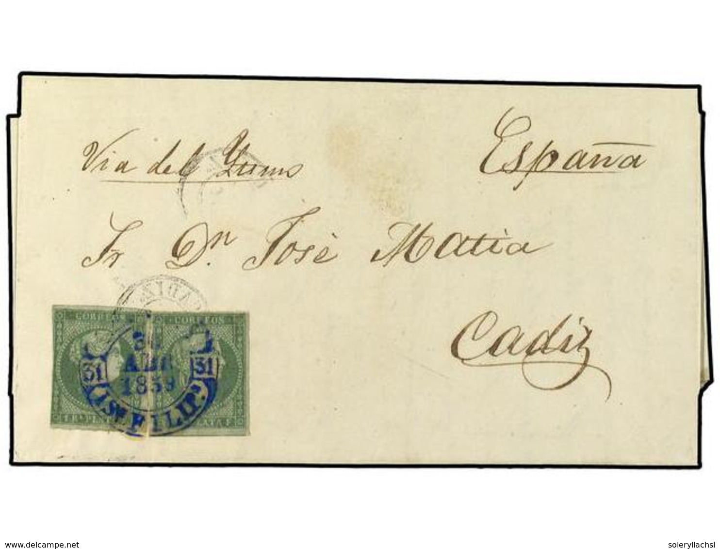 COLONIAS ESPAÑOLAS: FILIPINAS. 1859. FILIPINAS A CADIZ.  1 Real  Verde (2). Mat. Fechador  MANILA/ISL. FILIPINAS  En Azu - Andere & Zonder Classificatie