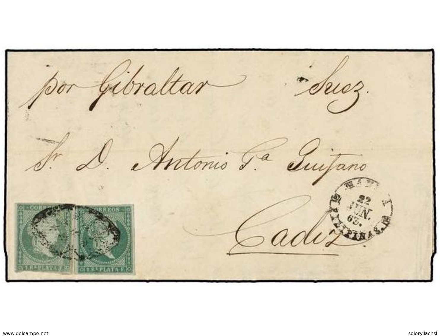 FILIPINAS. 1863. MANILA A CÁDIZ.  1 Real  Verde (2), Mat.  PARRILLA COLONIAL  Y Fechador  MANILA/FILIPINAS. - Andere & Zonder Classificatie