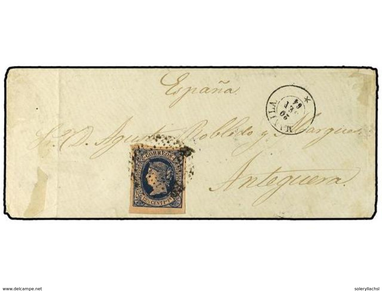 COLONIAS ESPAÑOLAS: FILIPINAS. 1864. Envelope To Anteguera, Spain, Franked Four-margined  12½c.  Isabella Tied By Dotted - Autres & Non Classés