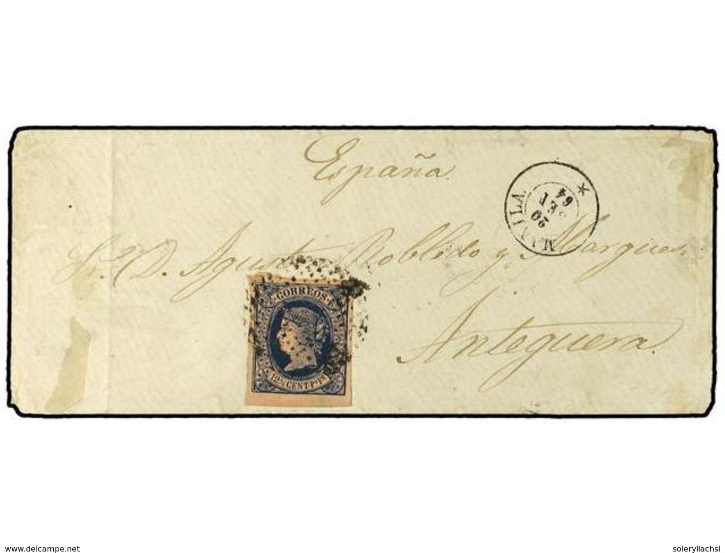 COLONIAS ESPAÑOLAS: FILIPINAS. 1864. Envelope To Anteguera, Spain, Franked Four-margined  12½c.  Isabella Tied By Dotted - Sonstige & Ohne Zuordnung