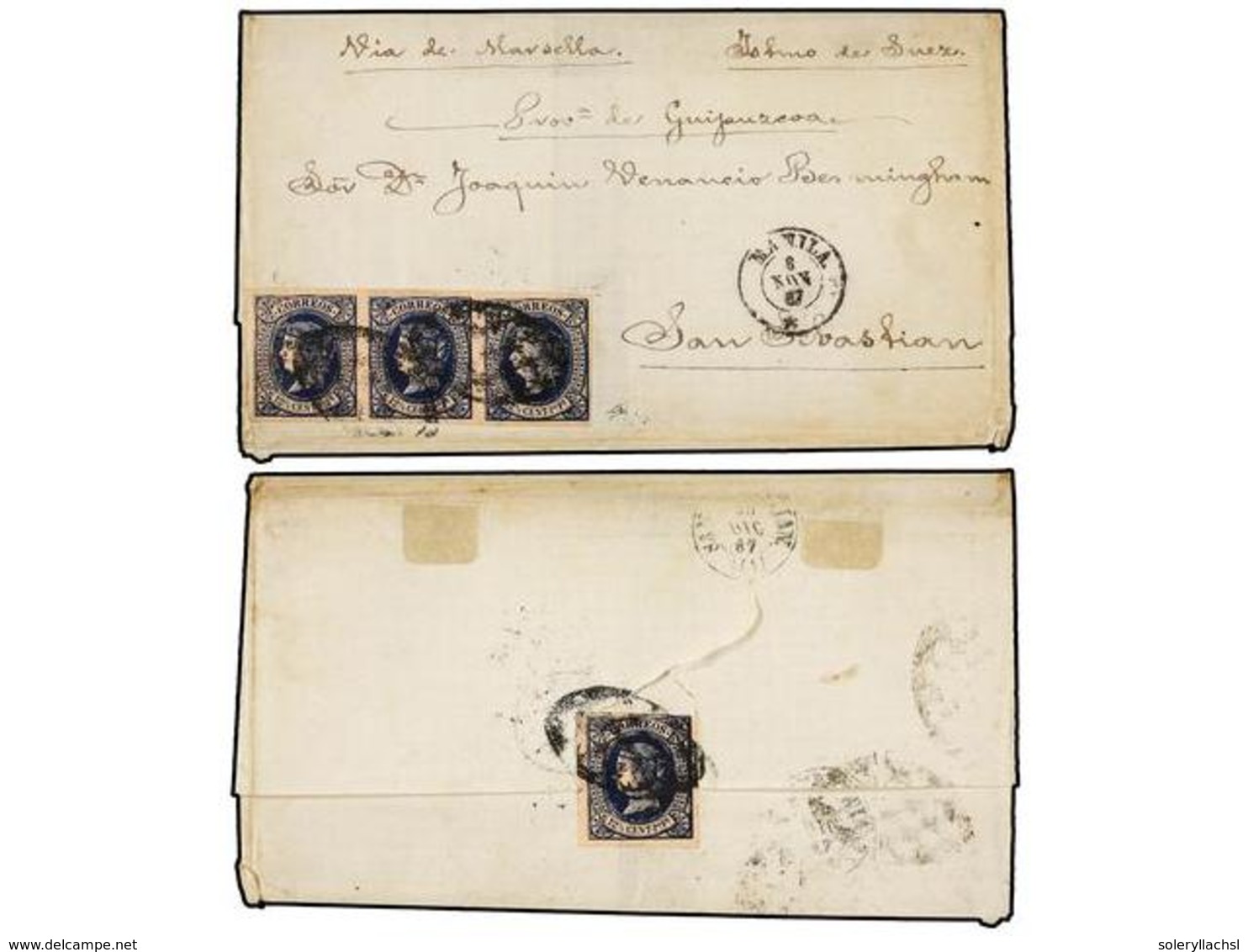 FILIPINAS. 1867. MANILA A S. SEBASTIAN.  12 4/8 Ctvos.  Azul S. Rosa, Tira De Tres Y Sello Suelto (al Dorso), Mat.  PARR - Autres & Non Classés